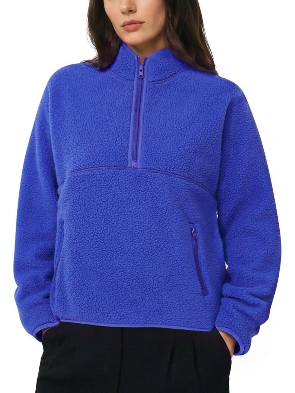 Women's Royal Blue Mock Neck Quarter ZIP Fleece Sherpa Pullover Warm Sweatshirt